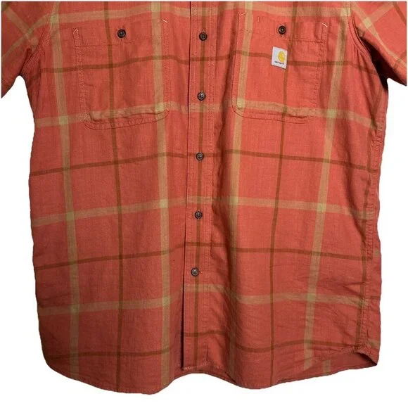 Carhartt Large Relaxed Rugged Flex Button Up Shirt Mens Orange Plaid Workwear - Picture 5 of 14